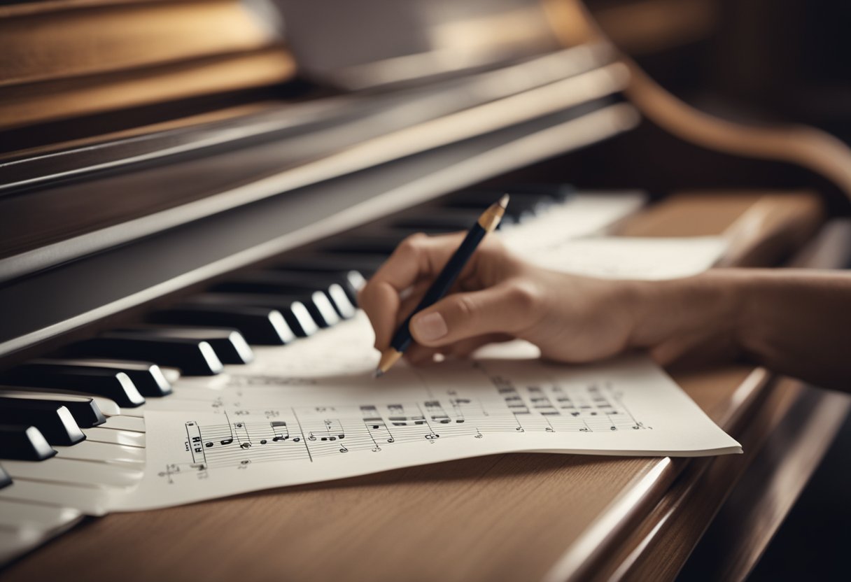 A piano with sheet music, pencil, and eraser on a wooden desk. A person sitting in front of the piano, writing notes and experimenting with melodies