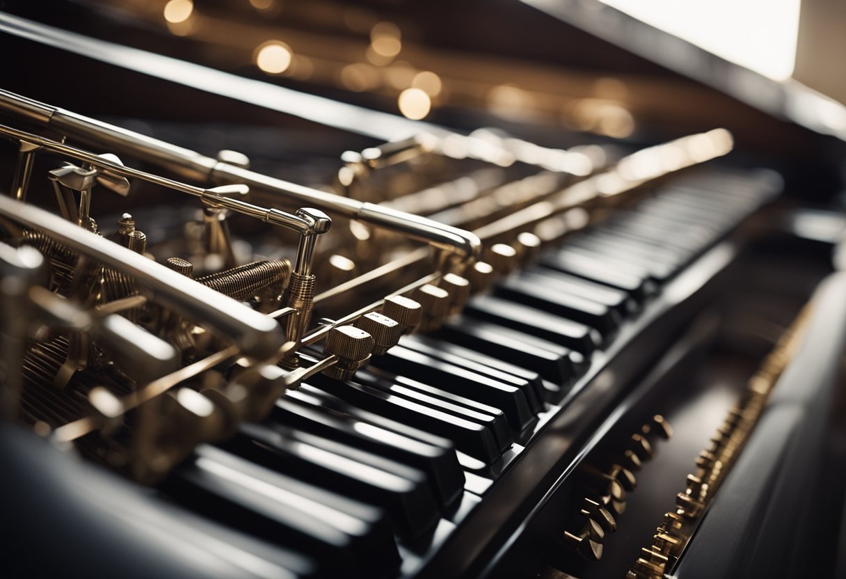 The intricate network of hammers, strings, and pedals creates a visually captivating display of mechanical complexity on the piano