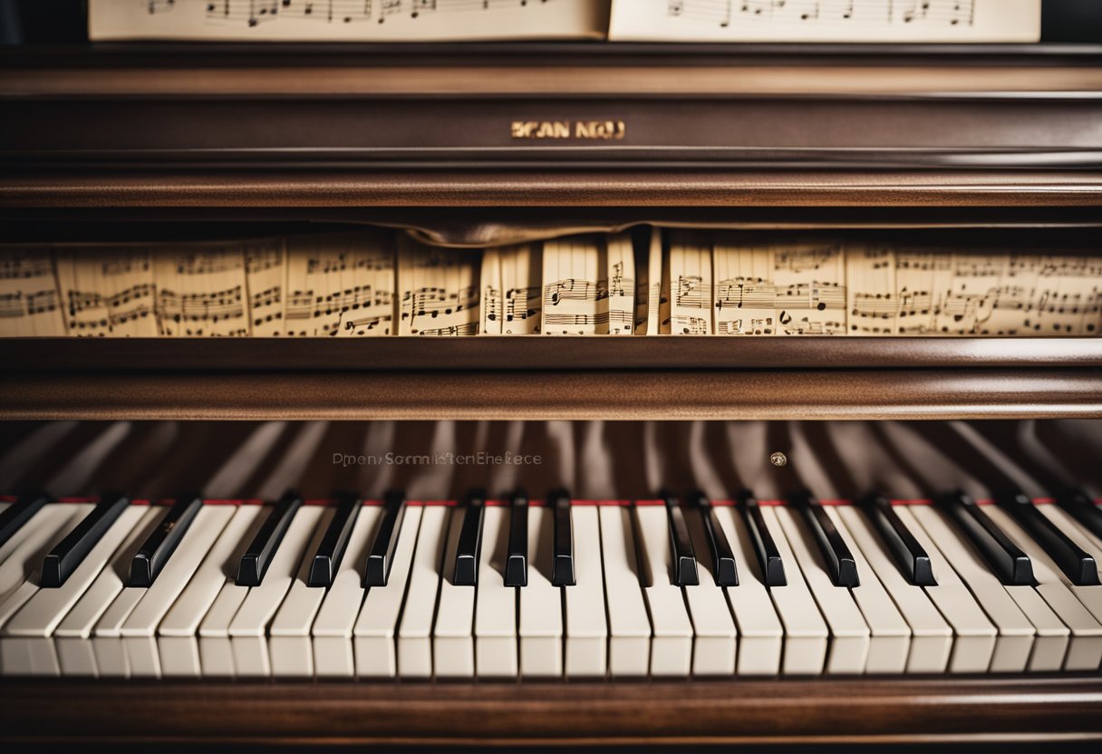 A piano sits in a well-lit room, sheet music scattered on the bench. A songwriter's notebook rests on the music stand, open to a page filled with lyrics and musical notation