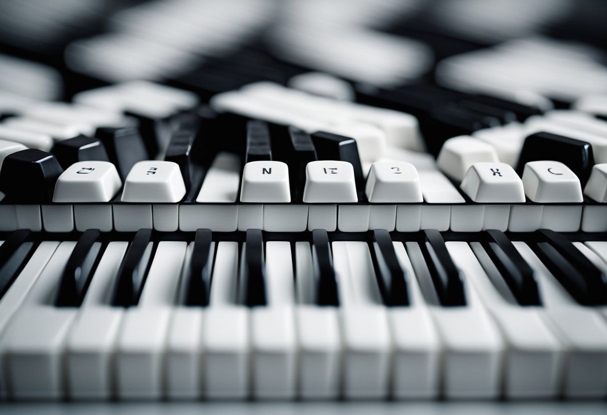 The piano keys are laid out in a repeating pattern of white and black keys. Both hands are positioned to play the keys simultaneously