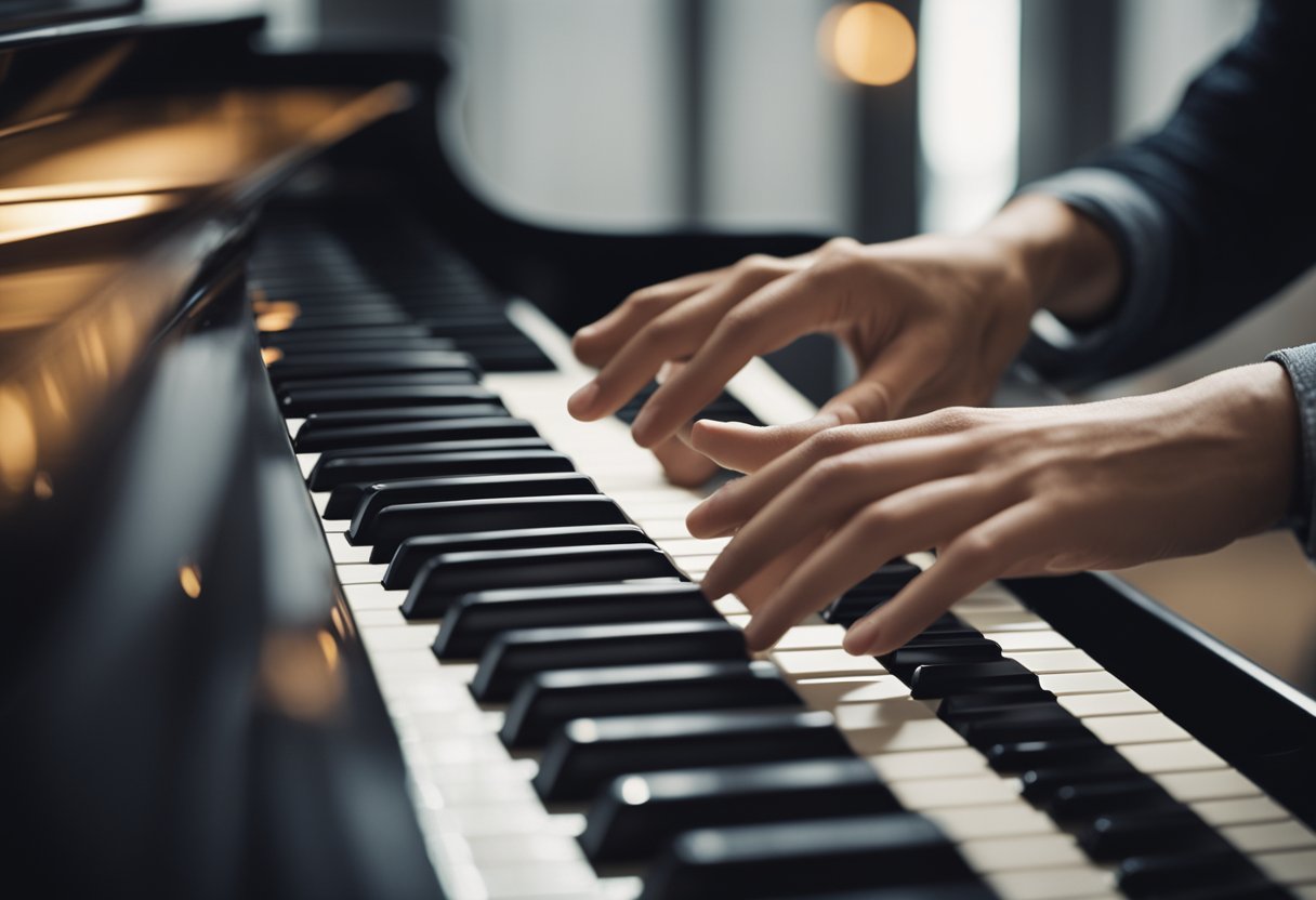 Two hands positioned on the piano keys, fingers moving in sync, playing a melody with both hands