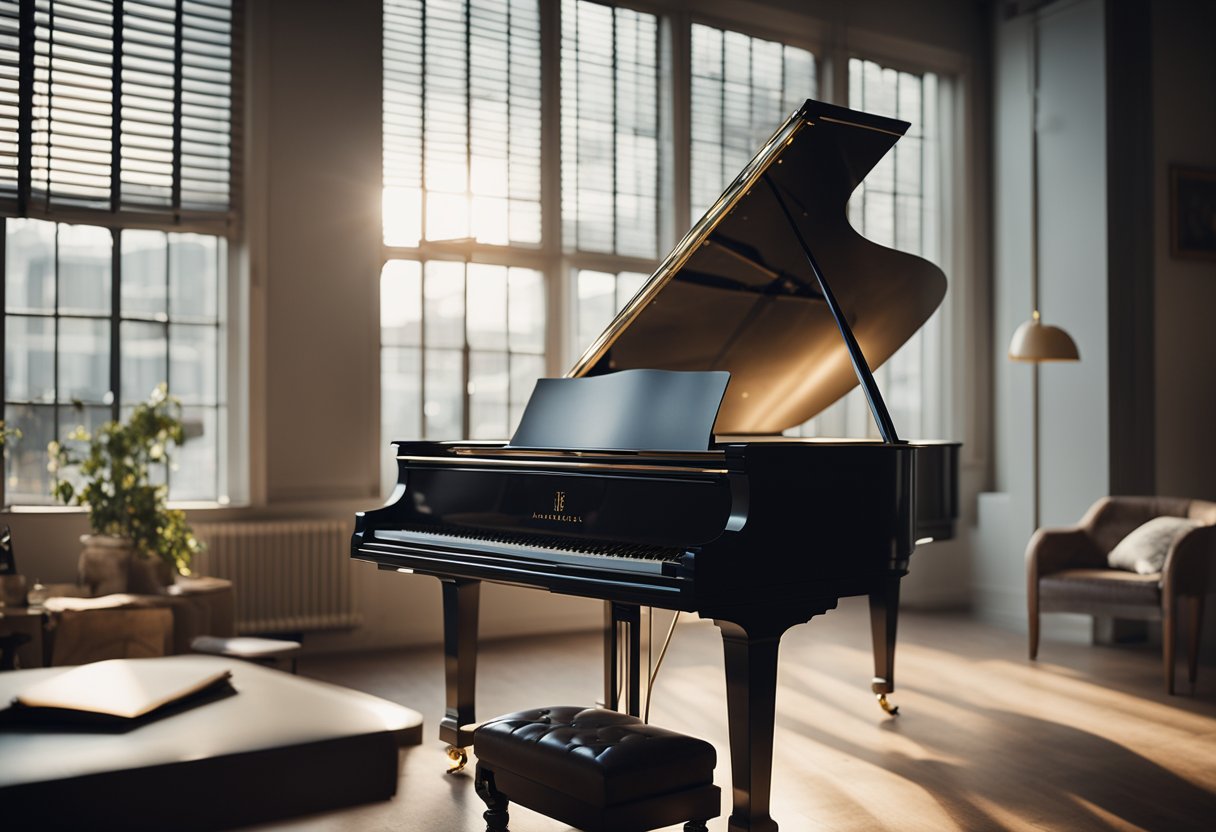 A cozy, well-lit room with a grand piano in the center. A clock on the wall shows the time as early evening. A notebook and pencil sit on the music stand, ready for setting practice goals