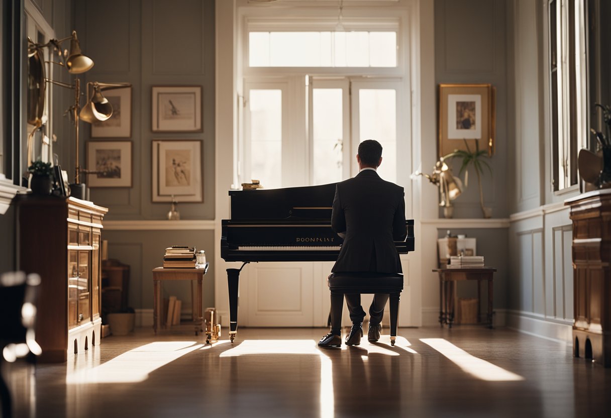 A person sits at a piano, surrounded by daily life objects. The room is filled with warm sunlight, creating a peaceful and focused atmosphere for practicing