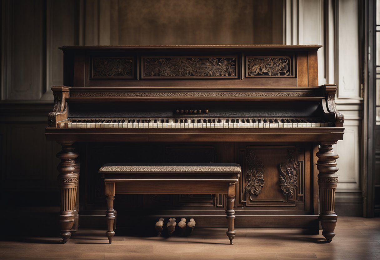 An old piano sits in a dimly lit room, its keys and wood worn with age. Dust settles on the intricate carvings, hinting at the instrument's rich history