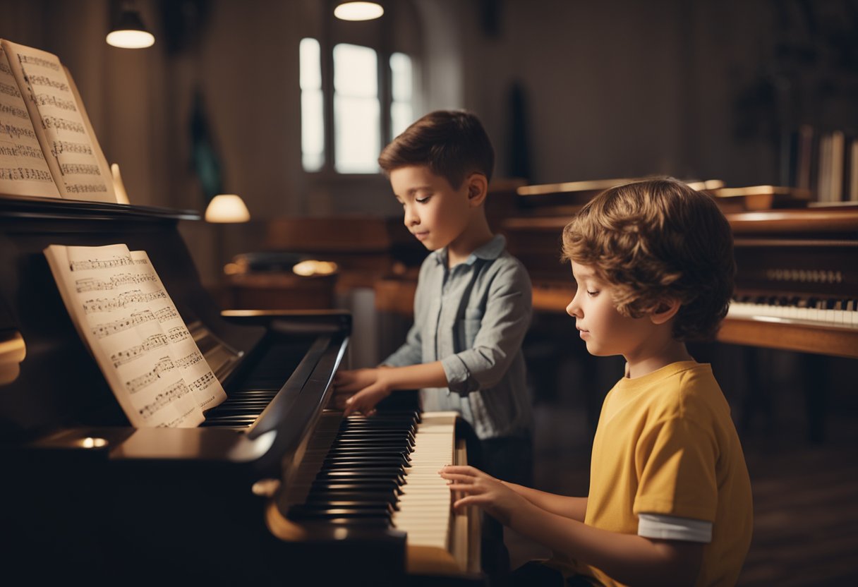 A child sits at a piano, surrounded by music books and a metronome. A patient instructor stands nearby, guiding the student's fingers on the keys