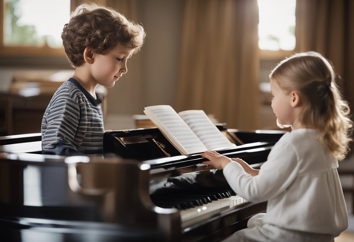 A young child sits at a piano, reaching for the keys with a curious expression. A music book is open in front of them, and a patient instructor stands nearby, offering guidance
