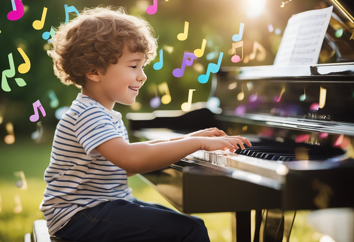 A young child sits at a piano, surrounded by colorful music notes and a joyful atmosphere. They eagerly engage with the keys, displaying a sense of focus and enjoyment in their early musical education