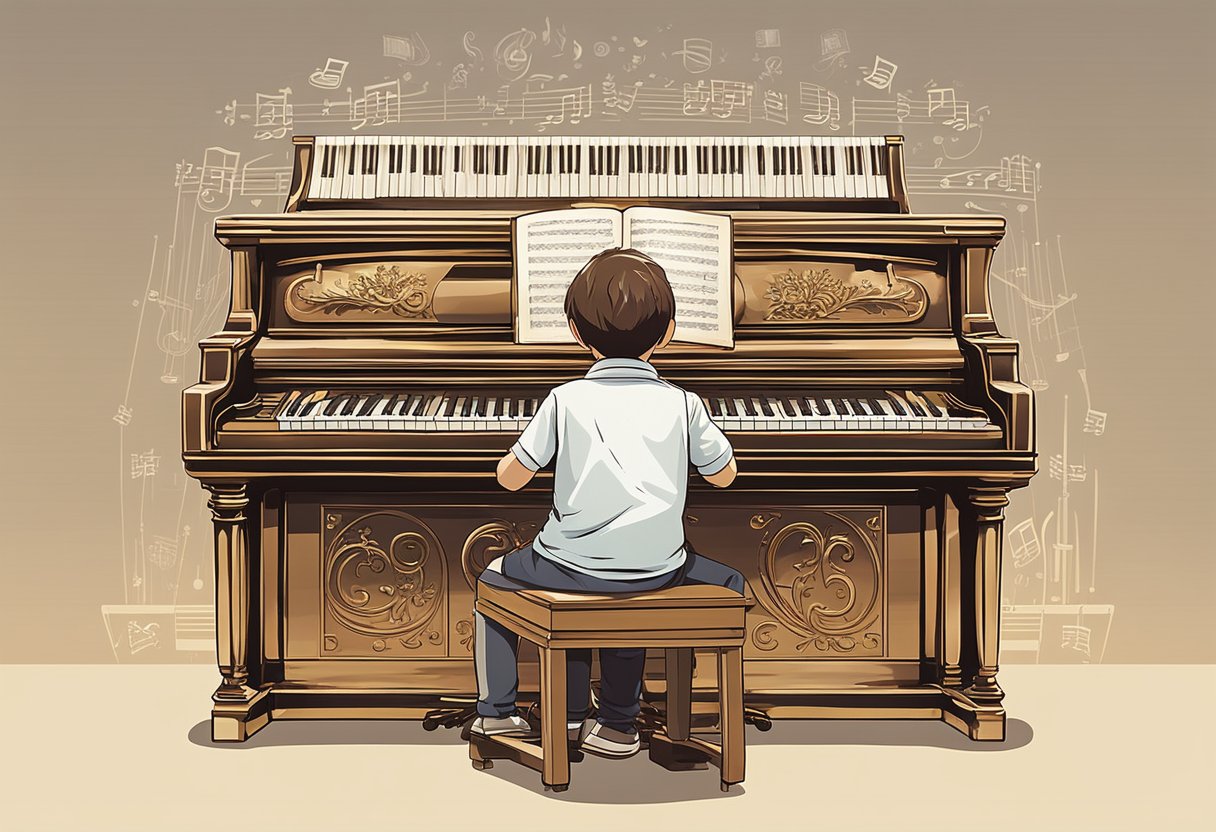 A child sits at a piano, eager to learn. A music book and metronome sit on the stand. The room is filled with warm light and the sound of scales being practiced